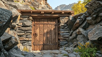 Mountain Village Wooden Entranceway with Carved Door
