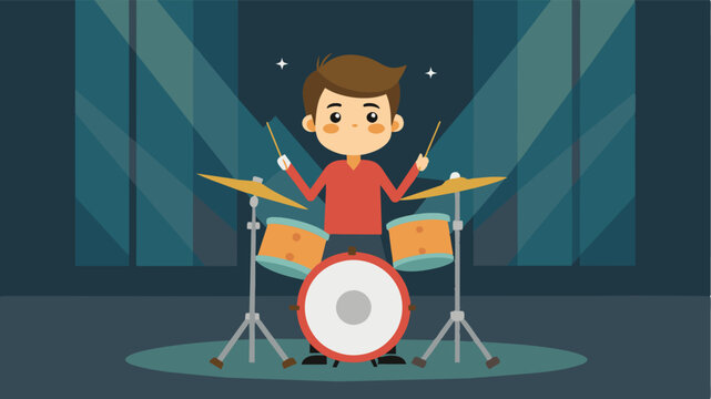 A young boy takes the stage with a drum set impressing the audience with his rhythmic skills.. Vector illustration