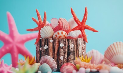 Seashells & Starfish in Wooden Pot on Blue, Beach Theme Decor