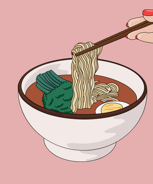 Vector Illustration of a Bowl with Ramen Noodles and Chopsticks Lifting Noodles