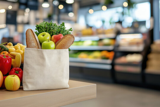 Fresh produce and bakery items presented in a grocery store shopping bag