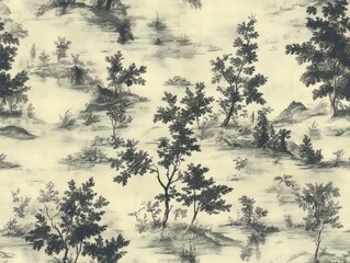 Seamless Pattern - Monochromatic Landscape Pattern: A serene scene with trees and water.