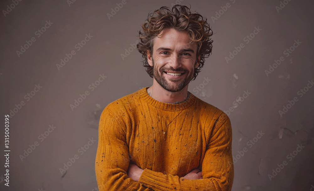 Aufkleber man with curly hair is wearing a yellow sweater and smiling. he is posing for a picture and he is ha