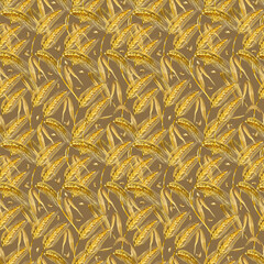 Seamless pattern of yellow wheat ears and wheat grains. All objects are hand-drawn with watercolor. Watercolor illustration. For printing on fabric, paper, for decorating dishes and kitchen textiles.