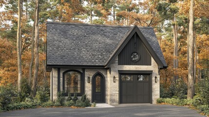 Stone Cottage in Autumn Woods with Dark Gray Roof