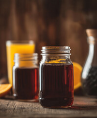 Close-Up of Mason Jars with Black Tea & Honey &ndash; High-Resolution Shot with Orange Juice in Background