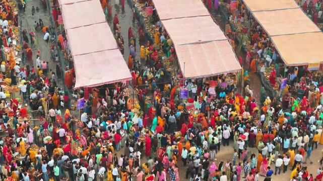 aerial view of a crowded place for chhat pooja in india