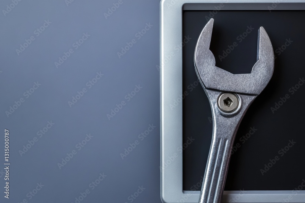 Poster computer repair service icon featuring a monitor with wrench and nut overlay for digital maintenance
