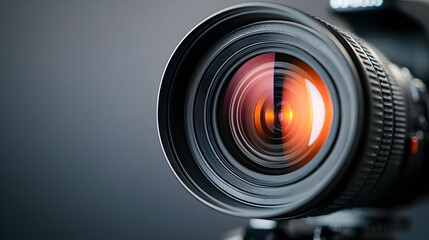 Close-Up Of A Camera Lens With An Orange Flare Against A Gray Blurred Background Modern Photography Equipment