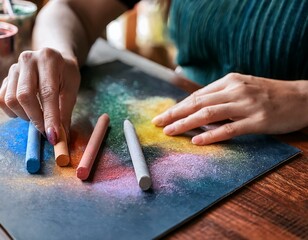 an artist using soft chalk pastel crayons for an abstract artwork