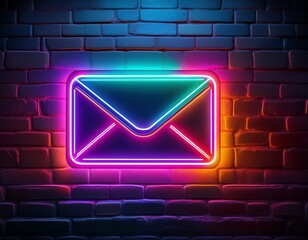 a vibrant neon envelope sign against a dark brick wall symbolizing communication and digital messaging
