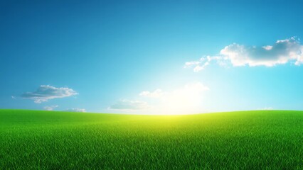 Fototapeta premium Green Field and Blue Sky with Clouds