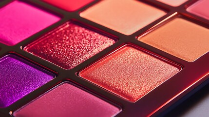 Fototapeta premium Realistic close-up of a vibrant eyeshadow palette with its assorted shades & textures, illuminated to highlight details of the pigments & packaging