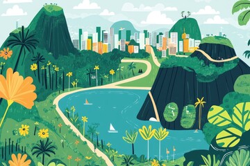 Illustrative Map of Rio de Janeiro: Infographic Displaying Key Locations with Labels and Directional Arrows