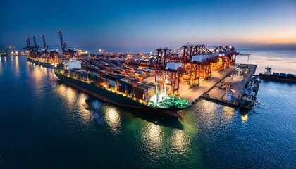Fototapeta premium aerial view of freight ship docked at container port surrounded by shipping cranes and colorful cargo containers illuminated by night lights