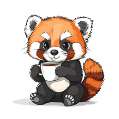 Obraz premium Cute Red Panda Cartoon Holding a Coffee Mug Illustration on White Background