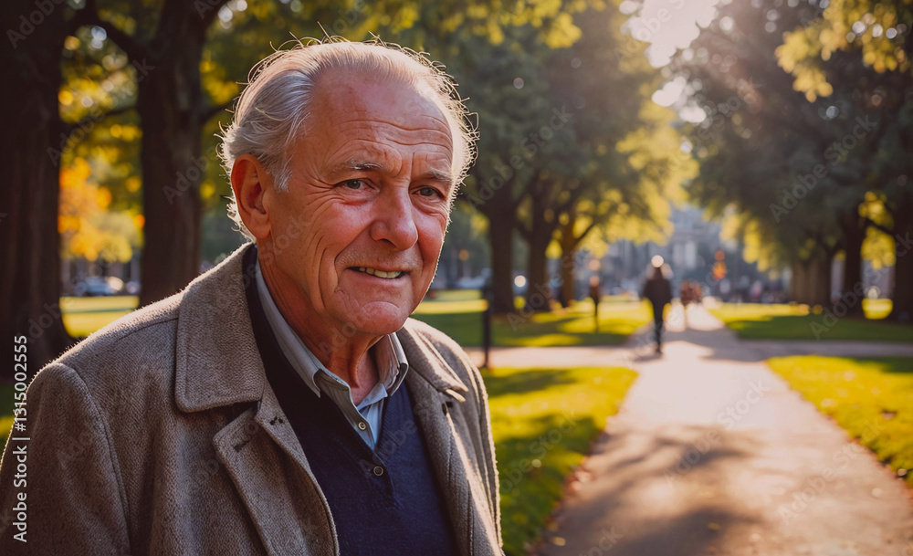 Poster man with a beard and gray hair is smiling in front of a tree. he is wearing a jacket and a blue shir