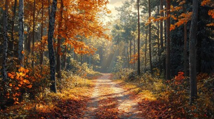 Obraz premium A serene forest path lined with vibrant autumn foliage, illuminated by soft sunlight filtering through the trees.