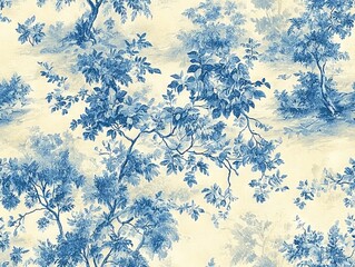 Seamless Pattern - Floral Blue and White Toile Pattern with Trees and Foliage