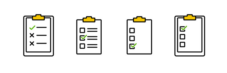 Four distinct checklist icons featuring checkmarks and boxes, representing organization and tasks.