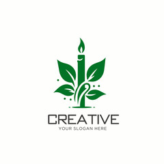 Candle with Leaf Vector Logo Design