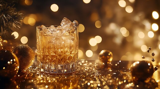 Festive whiskey drink in rocks glass with gold Christmas ornaments and bokeh lights.