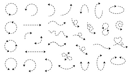 Hand drawn dotted arrows on white background. Single head and double head. Wave curve. Circle. Wave. Heart. Infinity. Back. U-turn. Rotate. Vector sketch design symbols.