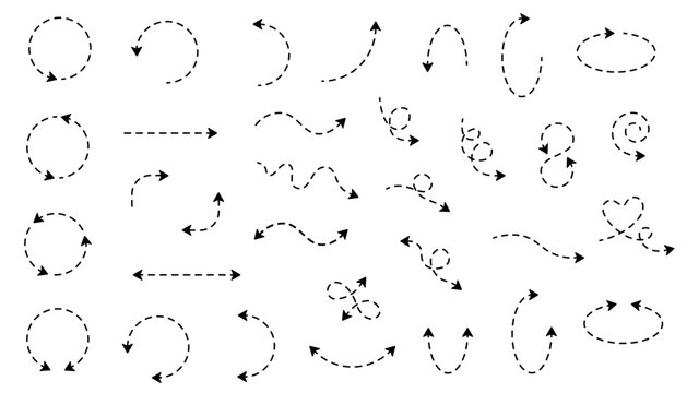 Hand drawn dotted arrows on white background. Single head and double head. Wave curve. Circle. Wave. Heart. Infinity. Back. U-turn. Rotate. Vector sketch design symbols.