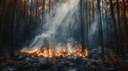 A dramatic forest scene depicting a wildfire, with smoke rising through trees and flames consuming the underbrush under a canopy of light.