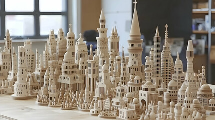 Wooden city model on table, workshop background, architectural design concept, for design or construction websites
