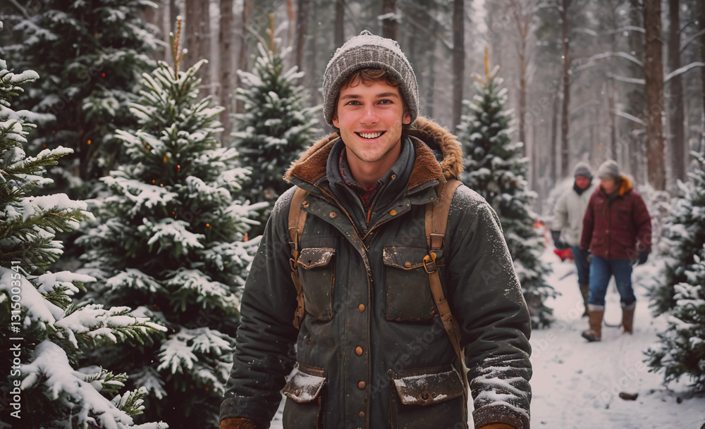 Poster Man wearing a green jacket and a hat is standing in a snow-covered forest. He is smiling and he is enjoying the winter scenery