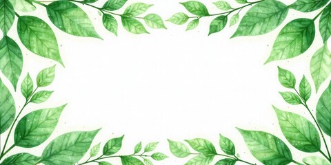 Serene watercolor foliage frame, ideal for elegant invitations, spring announcements, or botanical themed designs.  A delicate arrangement of green leaves with a blank space for personalized text.