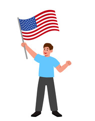 Man standing with american flag. Male person in cartoon style. Vector 4 july US Independence Day