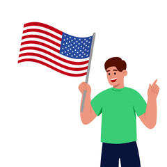 Man standing with american flag. Male person in cartoon style. Vector 4 july US Independence Day