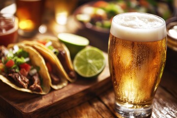 Refreshing Beer with Lime Served Alongside Savory Beef Tacos in a Vibrant Dining Setting