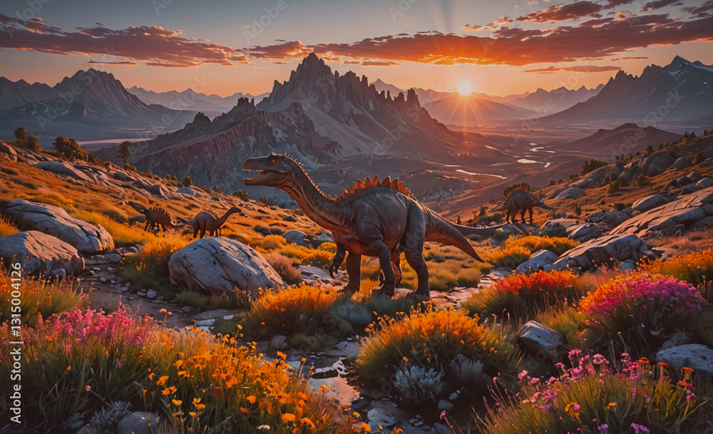 Aufkleber group of dinosaurs are walking through a field of flowers. the sun is setting in the background, cas