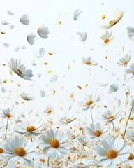 Serene white daisy field with falling petals soft light and airy background creates a peaceful and dreamy atmosphere floral art