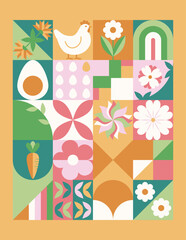 Wielkanocny baner z mozaiką z świątecznymi symbolami. Wiosenny geometryczny wzór z królikiem, jajkami i kwiatami. © Monika