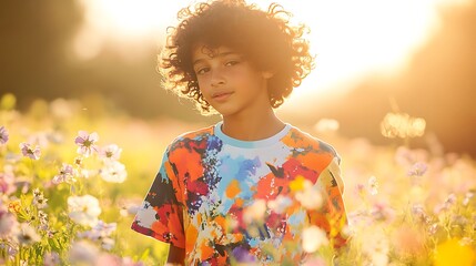 Boy with curly hair in a colorful shirt standing in a field of flowers at sunset.