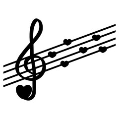 Treble clef with heart-shaped notes on a musical staff. This simple icon symbolizes the love for music, romantic melodies, and passion for musical expression. Black and white vector graphic