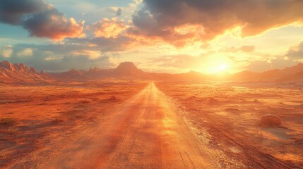 Fototapeta premium A serene desert landscape at sunset, featuring a long dirt road stretching towards the horizon, surrounded by rocky formations and a colorful sky.