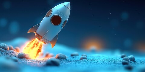 rocket emoji flying over solid blue background, futuristic vibe