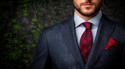 Close-up of a man in a dark suit with a red patterned tie and pocket square. Sophisticated style.