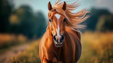 Obraz premium Brown horse with a white face is running through a field. The horse's mane is blowing in the wind, and it has a big smile on its face. The scene is peaceful and serene