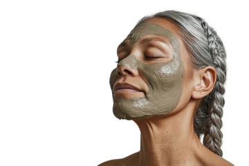 Mature woman with clay facial mask on her face and closed eyes. Clipart, Png.