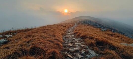 Golden hour light illuminates a rocky hiking path winding through dry grass towards the rising sun over a misty mountain range in the tatra mountains, poland