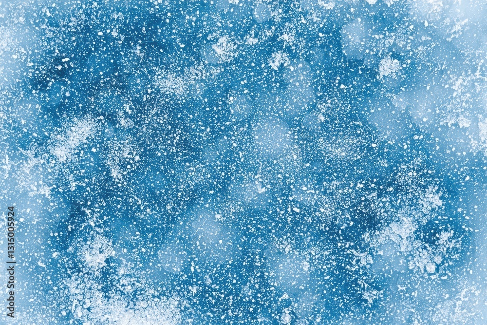 Poster snowflakes and ice crystals form a delicate texture on a frozen lake, creating an abstract winter sc
