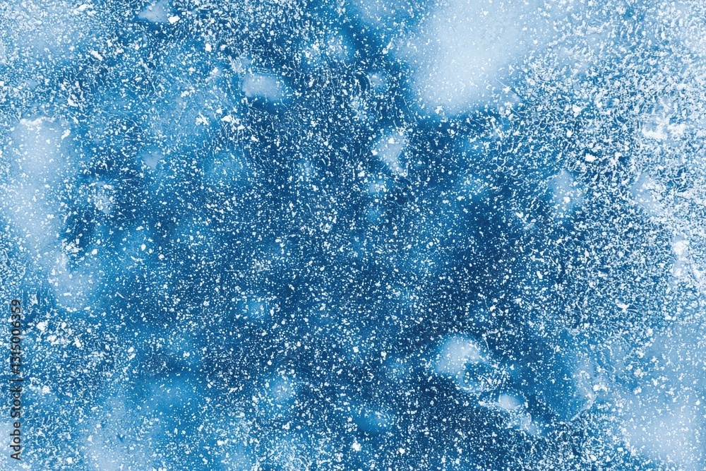 Poster snowflakes and ice crystals form an intricate, textured surface on a frozen lake, creating an abstra