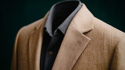 Close-up of a beige sport coat with a dark undershirt.  The texture and tailoring are highlighted.