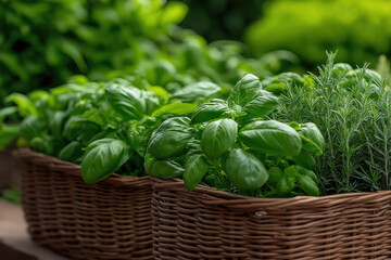 Fresh basil and rosemary herbs arranged in woven baskets in a lush garden